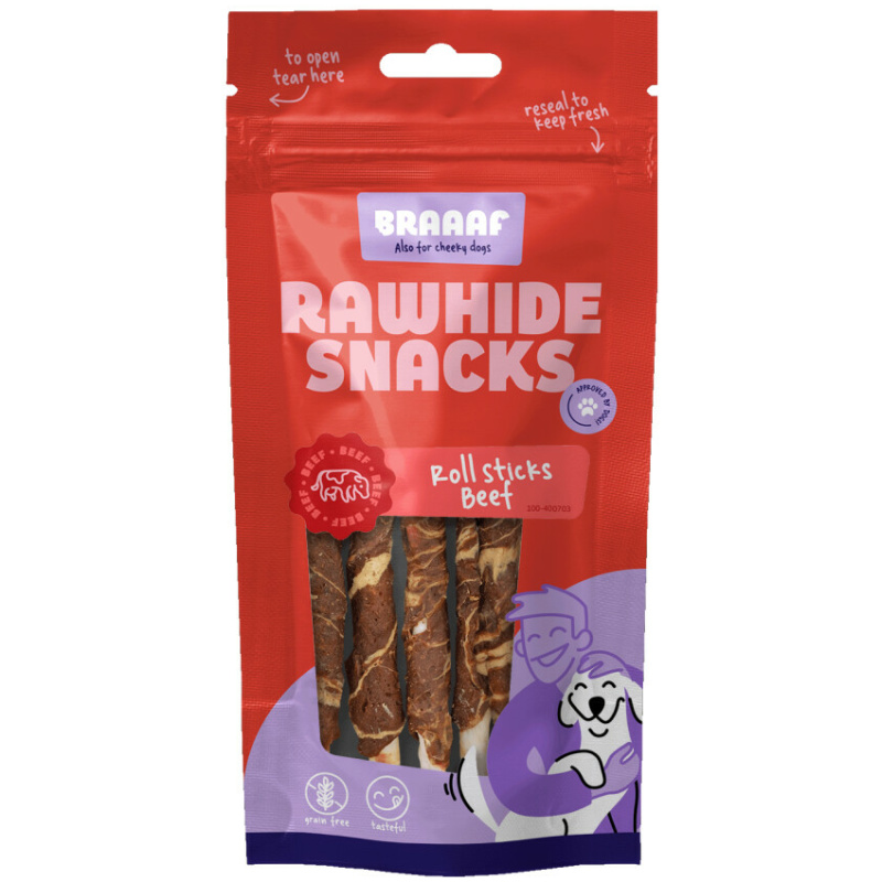 Braaaf Rawhide Roll Sticks Beef & Fish - 8 pcs